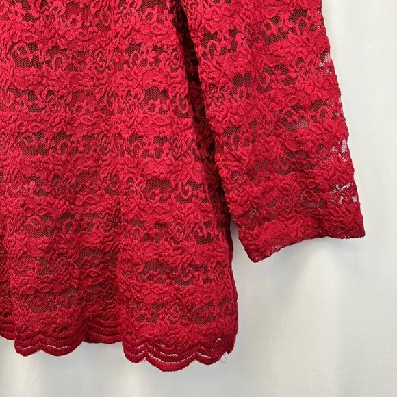 DB Established 1962 Womens Blouse Red Floral Lace Long Sleeve Lettuce Edge L - Picture 8 of 11